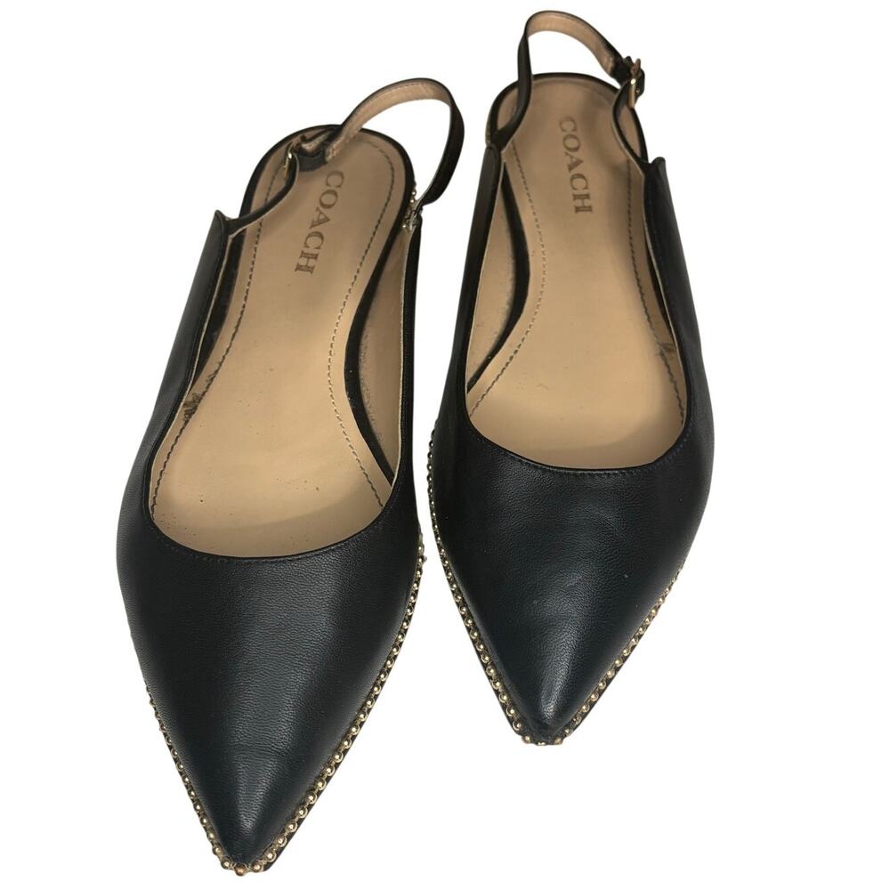 Coach Black Pointed Toe Slingback Flats with Gold Trim